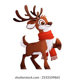 Illustration of a cheerful cartoon reindeer with large antlers, wearing a red scarf, standing on one hoof, ideal for Christmas or winter themes. Cute cartoon reindeer wearing red scarf