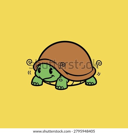 Illustration of a cheerful cartoon turtle with a brown shell and green body on a bright yellow background.