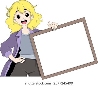 An illustration of a cheerful cartoon woman with blonde hair holding a blank framed board, perfect for adding custom text or graphics