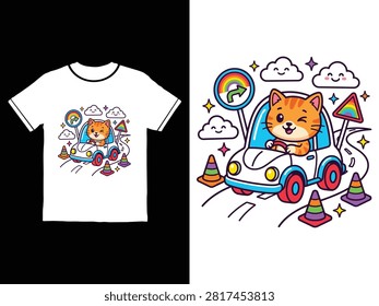 Illustration of a cheerful cat driving a small rainbowcolored car past cones and clouds