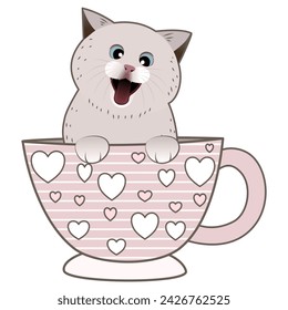 
An illustration of a cheerful cat emerging from a heart-patterned tea cup