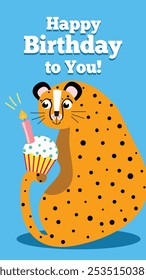 Illustration of a cheerful cheetah holding a cupcake with a lit candle on a bright blue background. The text 'Happy Birthday to You!' adds a celebratory feel.