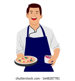 Illustration of a Cheerful Chef. Cook and Holding a Tray with Pizza
