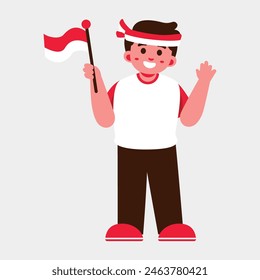 Illustration of a cheerful child with a Indonesia flag, celebrating Independence Day.