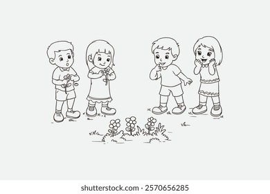 Illustration of cheerful children admiring flowers in a natural outdoor environment, fostering childhood innocence and nature appreciation. Perfect image for activities involving education, play.