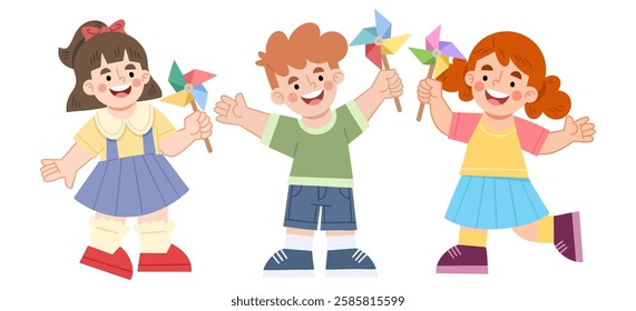 Illustration of cheerful children with pinwheels