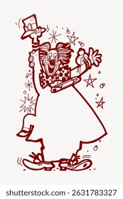 Illustration of a cheerful clown holding a book and a bottle. The clown, with a big smile, is surrounded by stars and dots, exuding joy and playfulness. Vintage art illustration vector.