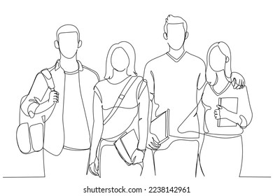 Illustration of cheerful college students walking out of campus together, and posing at camera. Single continuous line art style
