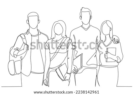 Illustration of cheerful college students walking out of campus together, and posing at camera. Single continuous line art style

