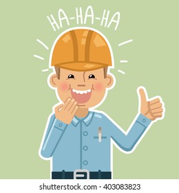 Illustration of a cheerful construction worker laughing and showing thumb up gesture. Emoticon, emotion, emoji, facial expression. Flat style vector illustration