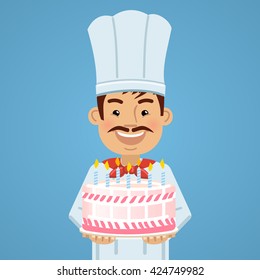 Illustration of a cheerful cook with a birthday cake. Baker, confectioner isolated on abstract background. Flat style vector illustration