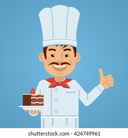 Illustration of a cheerful cook with a cake on a plate. Smiling cook showing thumb up gesture. Baker, confectioner isolated on abstract background. Flat style vector illustration