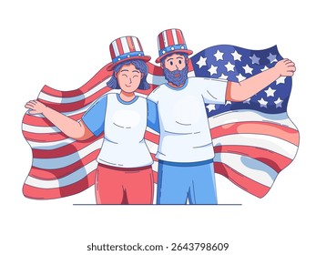 An illustration of a cheerful couple celebrating the Fourth of July, joyfully waving a large American flag. They are dressed in patriotic clothing, reflects national pride, happiness
