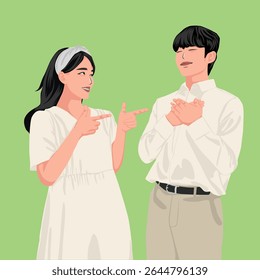 Illustration of a cheerful couple interacting playfully, symbolizing joy, connection, and positive emotions, presented in a minimalist artistic style against a vibrant green backdrop.