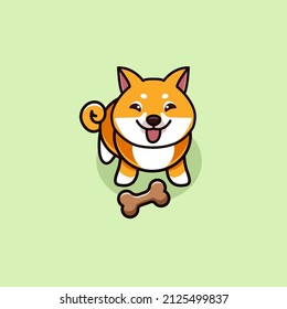 An illustration of a cheerful and cute dog that sits with a toy bone. Orange and white Shiba Inu dog on a green background.