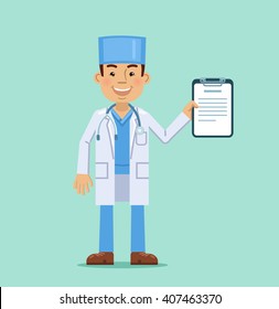 Illustration of a cheerful doctor holding a clipboard isolated on abstract background. Doctor giving a prescription. Flat style vector illustration