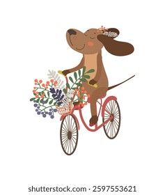 Illustration of a cheerful dog riding a bicycle with a basket full of colorful flowers.