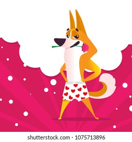 Illustration of a cheerful dog. Romance. Vector template for design, invitation, banners, calendar, greeting cards