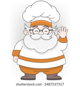 An illustration of a cheerful elderly chef with a white beard and glasses, wearing a white chef's outfit with orange accents.