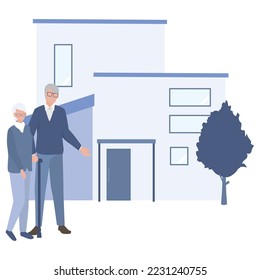 It is an illustration of a cheerful and energetic senior couple introducing their home.