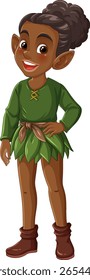 Illustration of a cheerful fairy with a green leaf dress, brown boots, and a playful expression. Vibrant colors and whimsical style