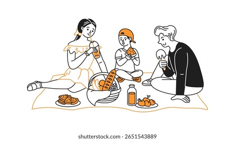 Illustration of a cheerful family enjoying a picnic with drinks and snacks. Kids and adults seated on a blanket with food basket. Minimalist style with orange accents.