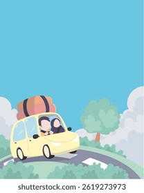illustration of a cheerful family on a road trip with a yellow car.