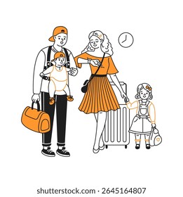 Illustration of a cheerful family ready to travel. Parents with bags, child in a carrier, young girl holding hands, on a white background. Travel and family adventure.