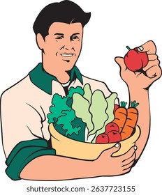 Illustration of a cheerful farmer holding fresh harvested vegetables, showcasing the joy and pride of farming. Perfect for agricultural branding, educational materials, and eco-friendly campaigns.