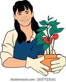 Illustration of a cheerful farmer holding fresh harvested vegetables, showcasing the joy and pride of farming. Perfect for agricultural branding, educational materials, and eco-friendly campaigns.