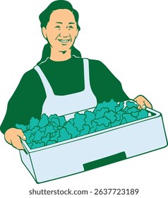 Illustration of a cheerful farmer holding fresh harvested vegetables, showcasing the joy and pride of farming. Perfect for agricultural branding, educational materials, and eco-friendly campaigns.
