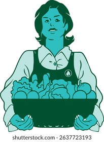 Illustration of a cheerful farmer holding fresh harvested vegetables, showcasing the joy and pride of farming. Perfect for agricultural branding, educational materials, and eco-friendly campaigns.