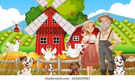 Illustration of cheerful farmers with dogs and chickens