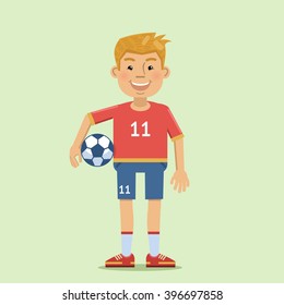 Illustration of a cheerful football player posing with the ball isolated on abstract background. Sportsman, sport, healthy lifestyle. Flat style vector illustration