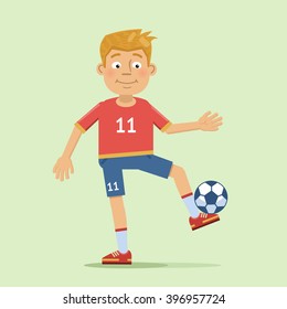 Illustration of a cheerful football player posing with the ball isolated on abstract background. Sportsman, sport, healthy lifestyle. Flat style vector illustration