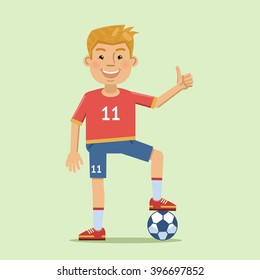 Illustration of a cheerful football player showing thumb up gesture. Sportsman, sport, healthy lifestyle. Flat style vector illustration