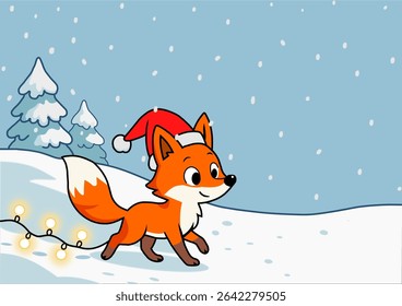 Illustration of a cheerful fox pulls a glowing string of lights through a snowy winter landscape – a festive and funny background, perfect for a special Christmas card.
