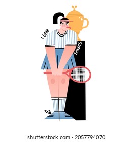 Illustration of a cheerful girl doing sports. Cartoon doodle tennis player with a racket in a sports uniform. Vector