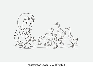 Illustration of a cheerful girl feeding ducks outdoors. Simple line art style emphasizing playful childhood moments. Ideal for children's books, educational resources, or general heartwarming themes.