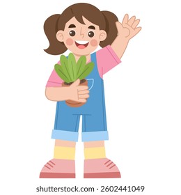 Illustration of Cheerful Girl Holding a Potted Plant