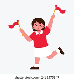 Illustration of a cheerful girl in a red shirt and white skirt holding two red and white Indonesia flags while smiling.
