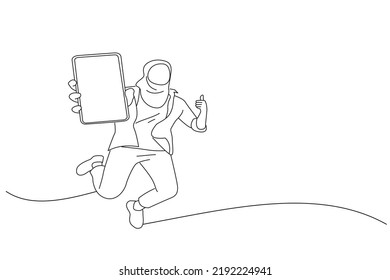 Illustration of cheerful girl redhead asian muslim teenager jumping up, showing thumb up and newest smartphone with empty screen. Outline drawing style art
