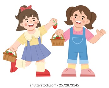 Illustration of cheerful girls picking strawberries