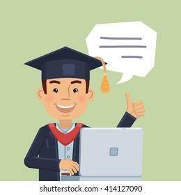 Illustration of a cheerful graduate with laptop. Cheerful graduate working and showing thumb up gesture. Distance education concept. Flat style vector illustration