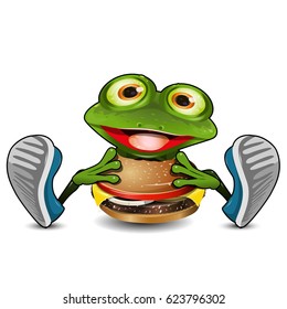 Illustration Cheerful Green Frog Eats Cheeseburger on a White Background