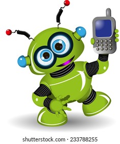 Illustration cheerful green robot and a phone