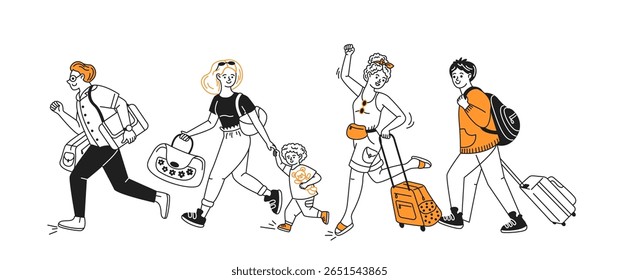 Ilustração de um grupo alegre de viajantes caminhando energicamente com bagagem. Personagens em tons de laranja e preto, expressando emoção e aventura em um fundo branco.