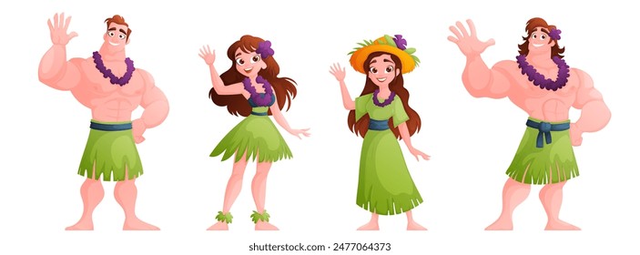 Ilustración de alegres personajes hawaianos en atuendo tradicional ondeando, perfecto para diseños de temática tropical y presentaciones culturales.