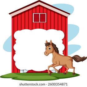 Illustration of a cheerful horse near a red barn with clouds