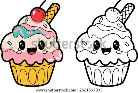 illustration of a cheerful ice cream character paired with its intricate black-and-white outline design, tropical print, vector illustration for line art, logo, Color book.eps